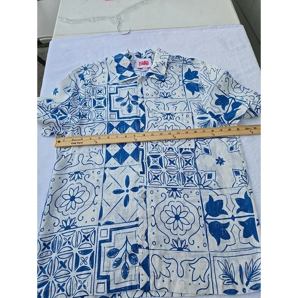 Solid & Striped Linen Shirt Mens Medium Blue White Tile Print Short Sleeve...
